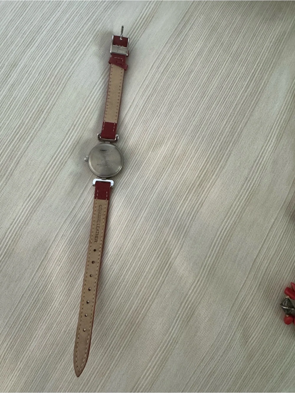 Vintage Timex Women's Red Leather Strap Silver Round Dial Watch